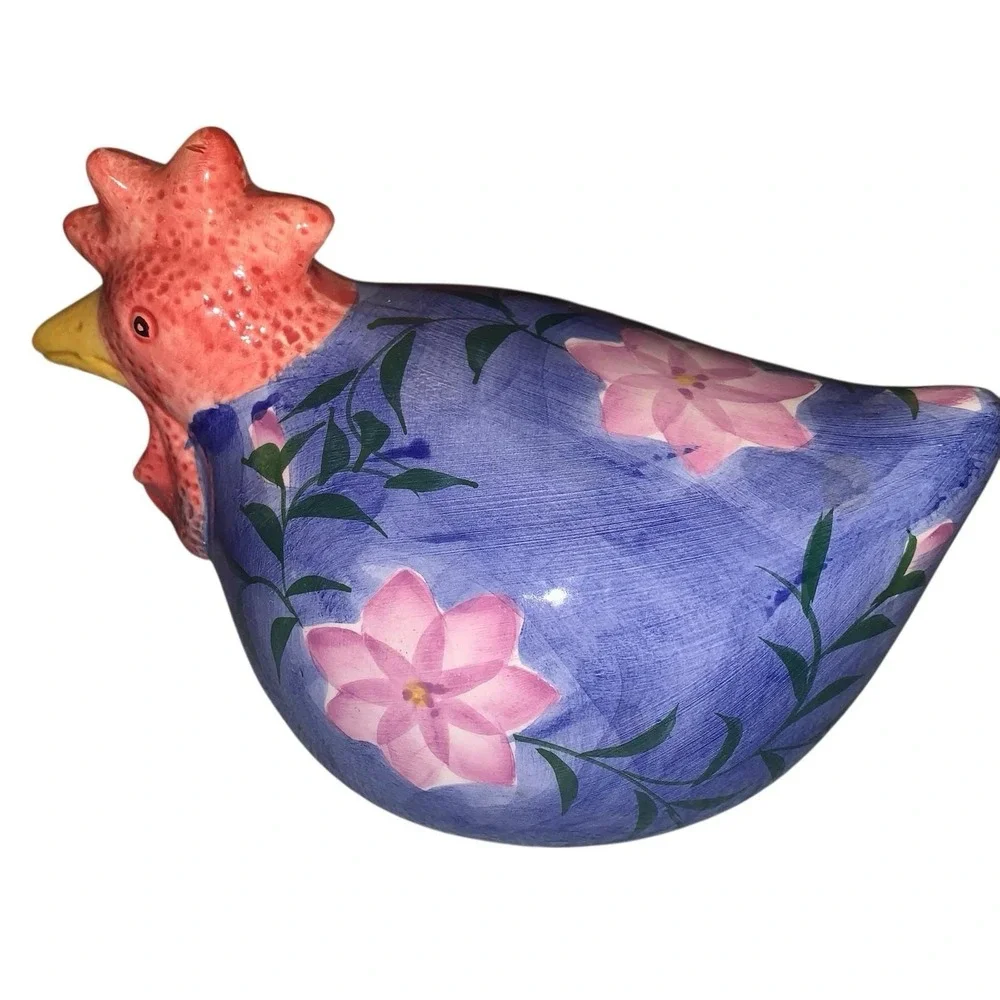 Whimsical Farmhouse Ceramic Chicken Blue And Pink Decor 7.5 In